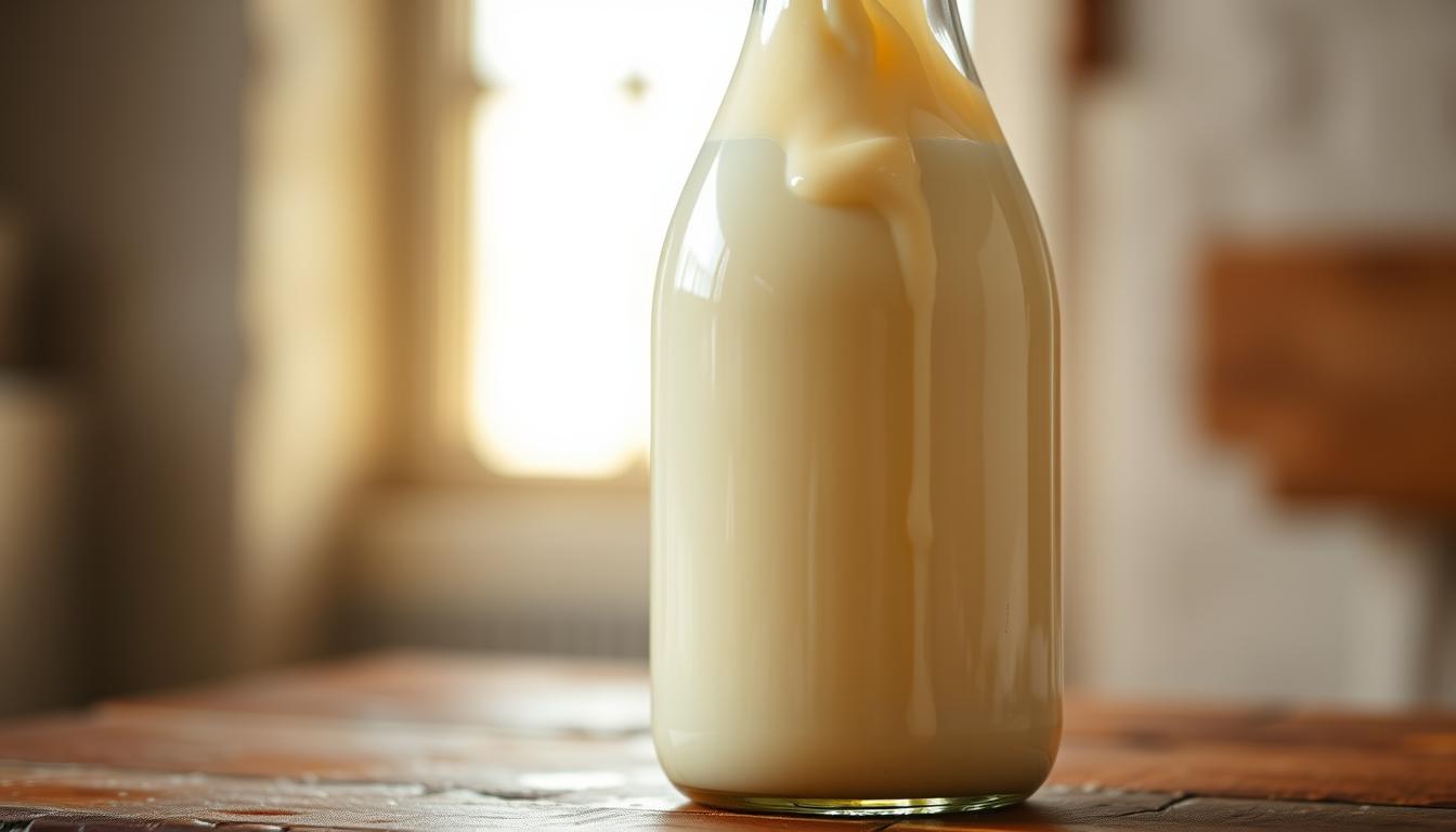 A glass bottle filled with creamy, golden-hued Jersey milk, its thick cream top gently swirling and spilling over the sides. The bottle is placed on a rustic wooden surface, bathed in soft, natural light filtering through a window. The background is blurred, allowing the bottle to be the focal point, showcasing the milk's rich, velvety texture and luxurious appearance. The overall scene conveys a sense of artisanal quality, highlighting the premium nature of this distinctive dairy product.
