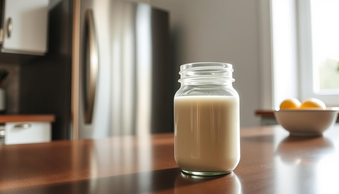 A well-lit kitchen counter, gently illuminated by natural light filtering through a nearby window. On the counter, a clear glass jar filled with a creamy, off-white liquid - acidophilus milk, fermented to perfection. The jar's lid is sealed tightly, preserving the probiotic cultures within. In the background, a sleek stainless steel refrigerator, its door slightly ajar, inviting the viewer to consider the proper storage conditions for this nourishing dairy product. The scene exudes a sense of order, cleanliness, and attention to detail, reflecting the importance of handling acidophilus milk with care to maintain its beneficial properties.
