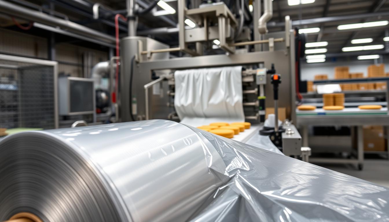 A large, sleek roll of flow wrap packaging material in the foreground, featuring a shiny, metallic surface that reflects the light. In the middle ground, a high-speed industrial biscuit packaging machine, its mechanical arms seamlessly wrapping the biscuits in the flow wrap. In the background, a clean, well-lit production facility with stainless steel surfaces and efficient conveyor belts. The scene conveys a sense of precision, speed, and automation, capturing the essence of a high-volume biscuit packaging operation.