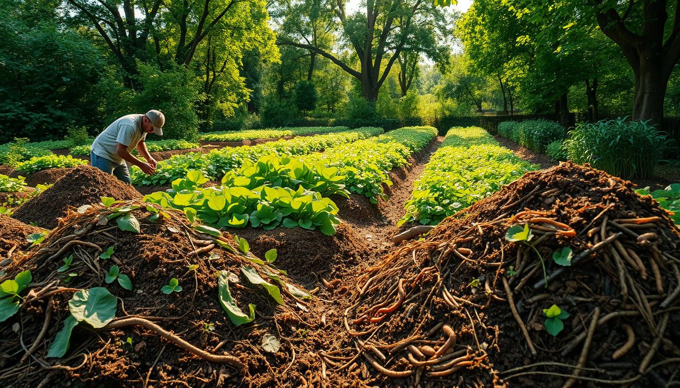A lush organic garden, with verdant foliage and rich, fertile soil. In the foreground, a farmer diligently tending to compost piles, mixing in plant matter and nutrient-rich materials. Amid the piles, earthworms and other beneficial organisms visibly aerate and decompose the organic matter. In the middle ground, rows of thriving crops - leafy greens, vibrant vegetables, and fragrant herbs - nourished by the natural fertilizers. Sunlight filters through the canopy of trees in the background, casting a warm, golden glow over the scene. The overall atmosphere exudes harmony, sustainability, and the natural cycles of life.