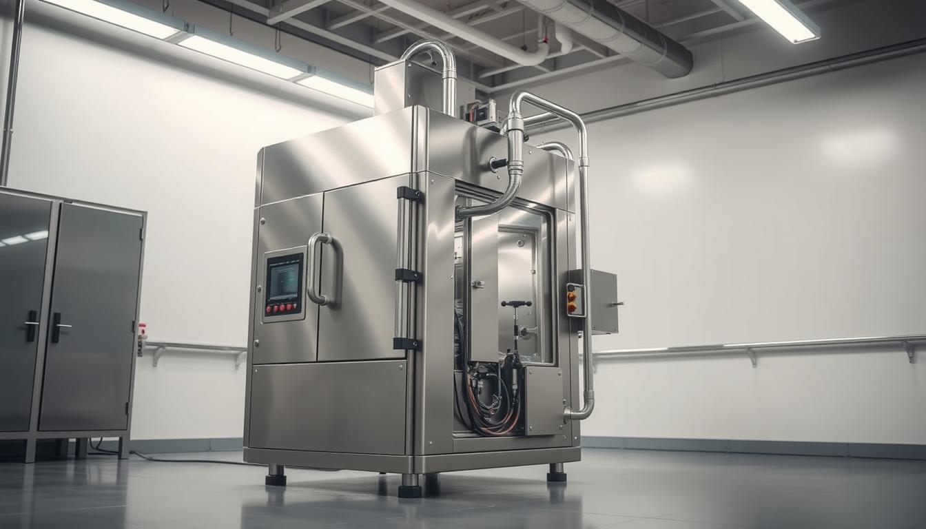 A sleek, modern Pulsed Electric Fields (PEF) processing machine stands in a well-lit, sterile industrial setting. The stainless steel exterior gleams under bright overhead lighting, revealing a compact, modular design with precise controls and monitoring systems. Intricate piping and tubing snake around the device, hinting at the complex internal mechanisms responsible for applying precisely timed electrical pulses to food materials. The machine is positioned on a clean, polished concrete floor, creating a sense of order and efficiency. The overall mood is one of advanced food processing technology, emphasizing the power and precision of the PEF method.