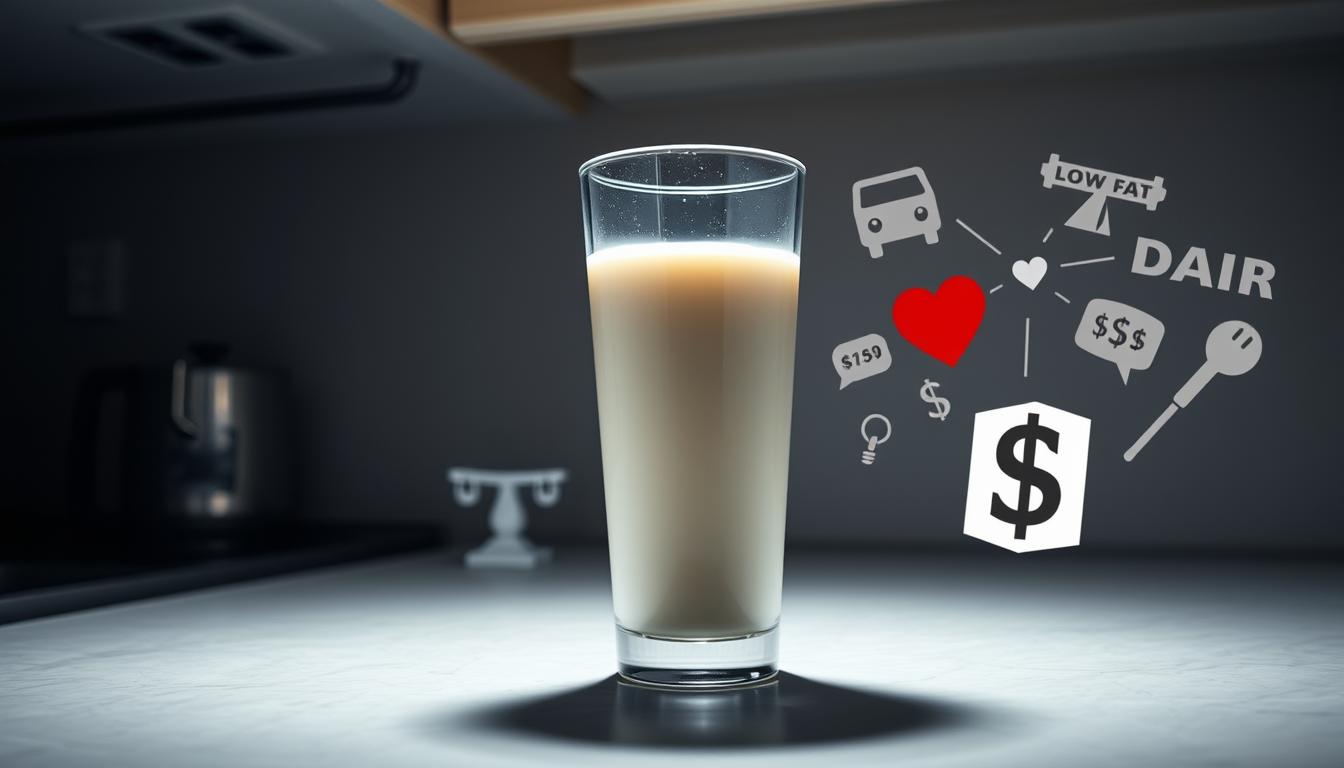 A dimly lit kitchen countertop, a glass of low-fat milk set against a backdrop of various misconceptions. The milk appears watery, lacking the creamy richness of full-fat dairy. Alongside it, a scattering of icons representing common beliefs: a scale for weight loss, a heart for heart health, a dollar sign for cost savings. However, these icons are distorted, their proportions skewed, hinting at the nuanced trade-offs and potential drawbacks of choosing low-fat milk. The scene is bathed in a soft, muted light, conveying a sense of contemplation and the need to critically examine these widespread assumptions.