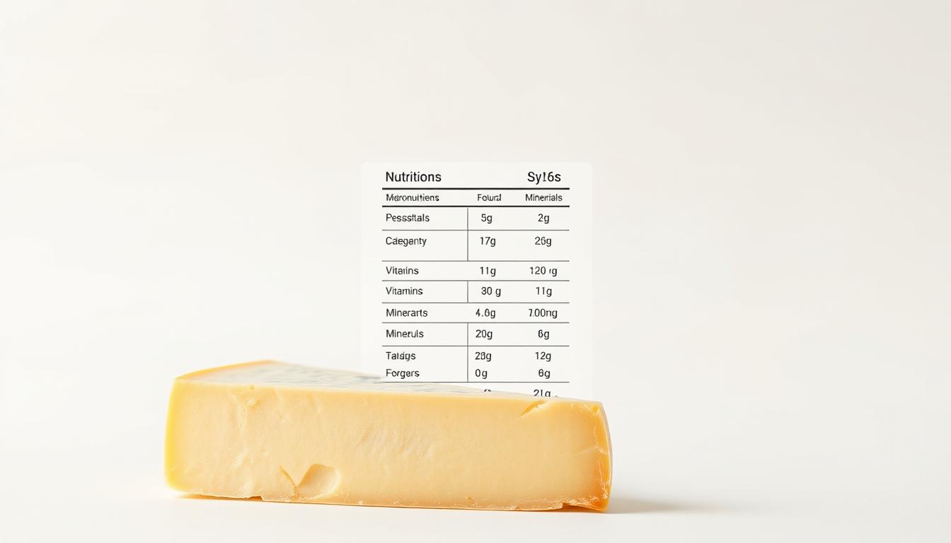 A detailed nutritional profile of a hard cheese wedge, photographed under natural lighting with a crisp, clean composition. The foreground features the cheese wedge, highlighting its firm texture, golden rind, and distinct veining. The middle ground showcases a clear breakdown of the cheese's macronutrients, vitamins, and minerals, presented in a sleek, infographic-style layout. The background is a minimalist, off-white backdrop, allowing the nutritional information to take center stage. The overall mood is one of informative clarity, emphasizing the health benefits and nutritional value of this artisanal dairy product.