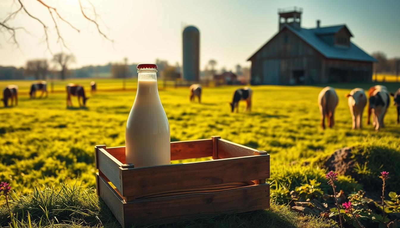 A rustic, sun-dappled dairy farm scene, with a wooden crate of freshly-bottled raw milk prominently displayed in the foreground. Lush green pastures stretch out in the middle ground, dotted with grazing cows. In the background, a historic barn and silo stand tall, casting long shadows. The lighting is warm and natural, casting a golden glow over the entire scene. The composition is balanced, with the crate of milk drawing the eye to the center. The atmosphere evokes a sense of rural tranquility and the simple pleasures of locally-sourced, unprocessed dairy.
