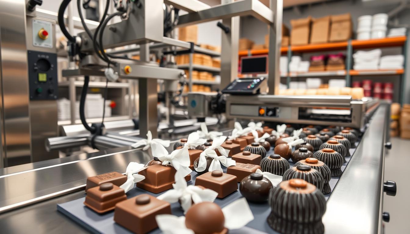 Confectionery Packaging: Tempered Chocolate Needs, Flow-Wrap, and Foils A clean, modern production facility with a state-of-the-art flow-wrap machine neatly packaging an assortment of chocolate confections. The machine's intricate mechanisms and smooth conveyor belts are visible, surrounded by stainless steel surfaces and bright, directional lighting. In the foreground, perfectly wrapped chocolate bars, truffles, and other candies are being transported, showcasing the precision and efficiency of the flow-wrap technology. The background features shelves of raw ingredients and packaging materials, hinting at the comprehensive confectionery production process. The overall scene conveys a sense of technological innovation, quality control, and attention to detail in the packaging of premium chocolate products.