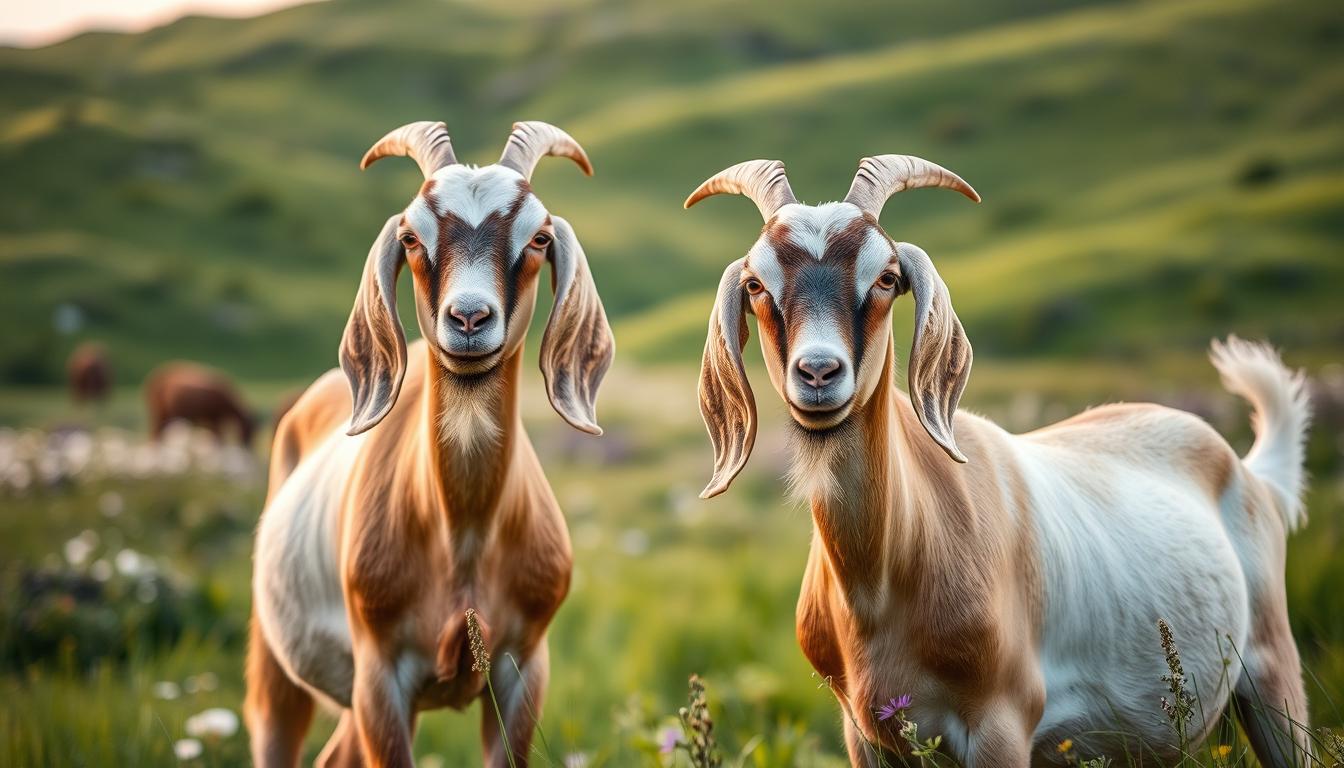 A pastoral scene of two LaMancha goats standing in a lush, verdant field. The goats' distinctive long, pendulous ears and friendly expressions capture their gentle demeanor. Soft, warm lighting illuminates their sleek, healthy coats, highlighting their muscular builds. In the background, rolling hills covered in wildflowers provide a serene, natural backdrop. The composition uses a shallow depth of field, drawing the viewer's attention to the majestic goats in the foreground. The image evokes a sense of tranquility and the efficiency of these adaptable, productive dairy animals.