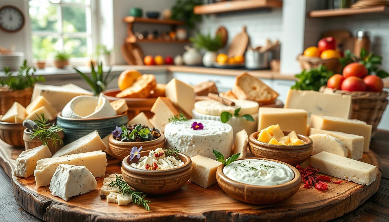 A vibrant still life showcasing an array of fresh cheese recipes from around the world. In the foreground, a wooden board is adorned with various cheese curds, soft cheeses, and creamy spreads, each with a distinct texture and hue. Rustic ceramic bowls hold fragrant herbs, edible flowers, and aromatic spices that accent the cheeses. In the middle ground, a selection of baked breads, crackers, and fresh fruits provide complementary accompaniments. The background features an open, airy kitchen setting with natural light streaming in, casting a warm, inviting glow over the scene. The overall composition conveys a sense of culinary artistry, global diversity, and the simple pleasures of enjoying fresh, handcrafted cheese.