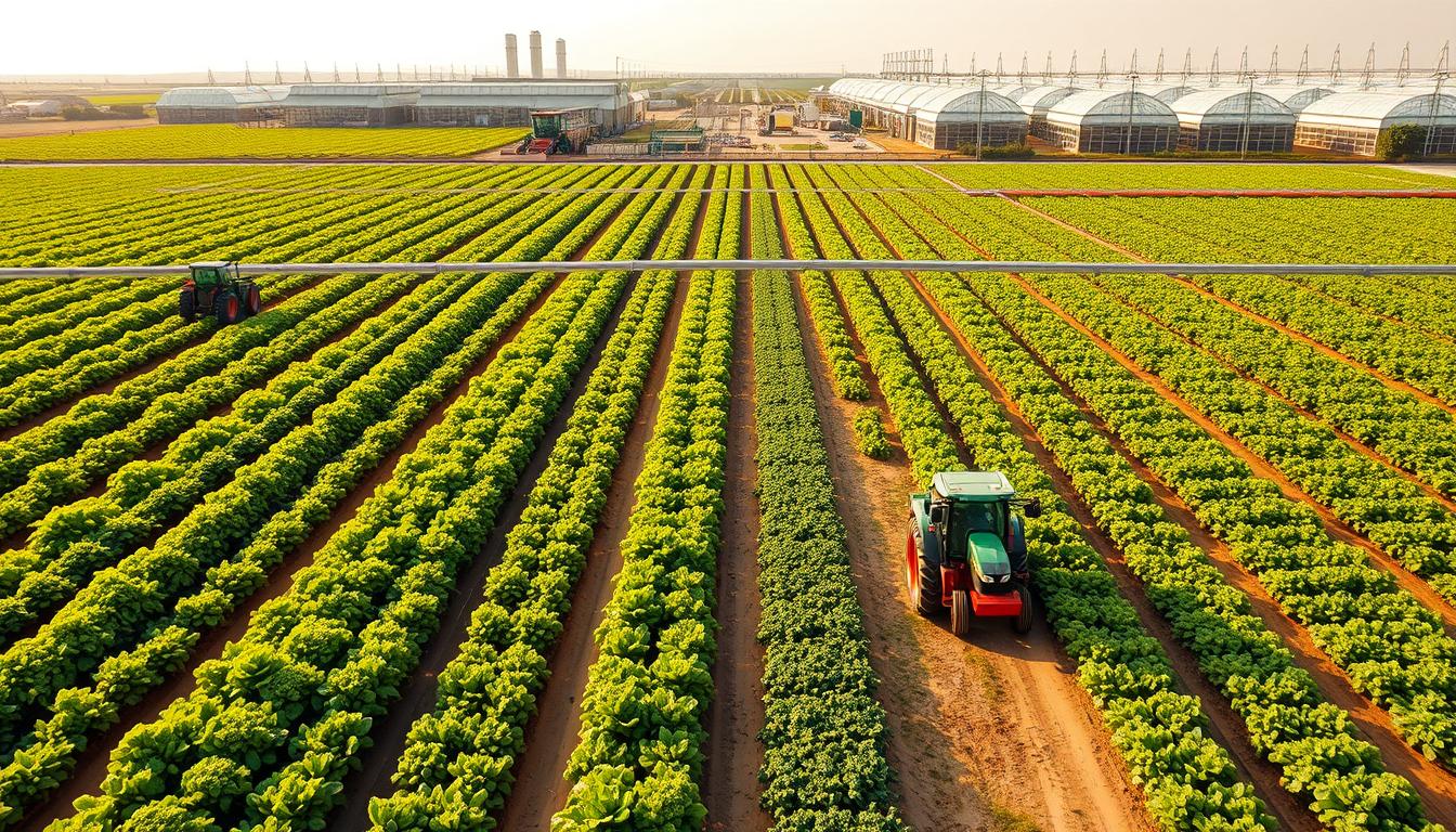 A panoramic aerial view of a sprawling commercial vegetable farm operation. In the foreground, rows of lush, vibrant vegetable crops stretch out as far as the eye can see, tended to by hardworking farmhands. The middle ground features state-of-the-art farming equipment, including tractors, harvesters, and irrigation systems, all working in perfect harmony. In the distance, the background is dominated by towering greenhouses and storage facilities, their glass panels glinting in the warm, golden sunlight. The scene conveys a sense of efficient, large-scale agricultural production, with every element working together seamlessly to maximize crop yields and productivity.