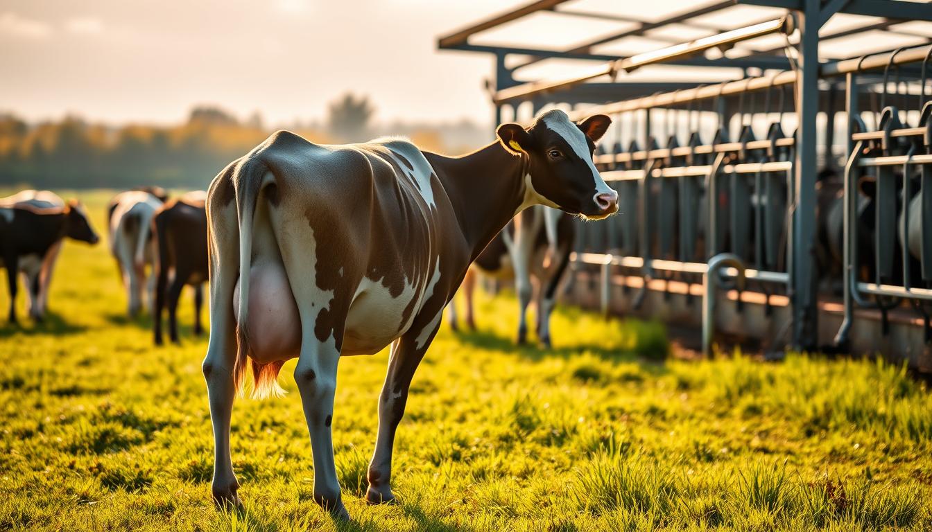 A tranquil dairy farm setting, with a herd of well-cared-for dairy cows in a lush, green pasture. In the foreground, a single cow is depicted in a natural standing pose, her udder softly glowing under the warm, diffused sunlight. The mid-ground showcases the rhythmic flow of milk being gently extracted, highlighting the cyclical nature of lactation. In the background, a modern, state-of-the-art milking parlor stands, representing the latest advancements in dairy herd management. The overall atmosphere conveys a sense of harmony, efficiency, and a deep understanding of the dairy cow's natural lactation cycle.