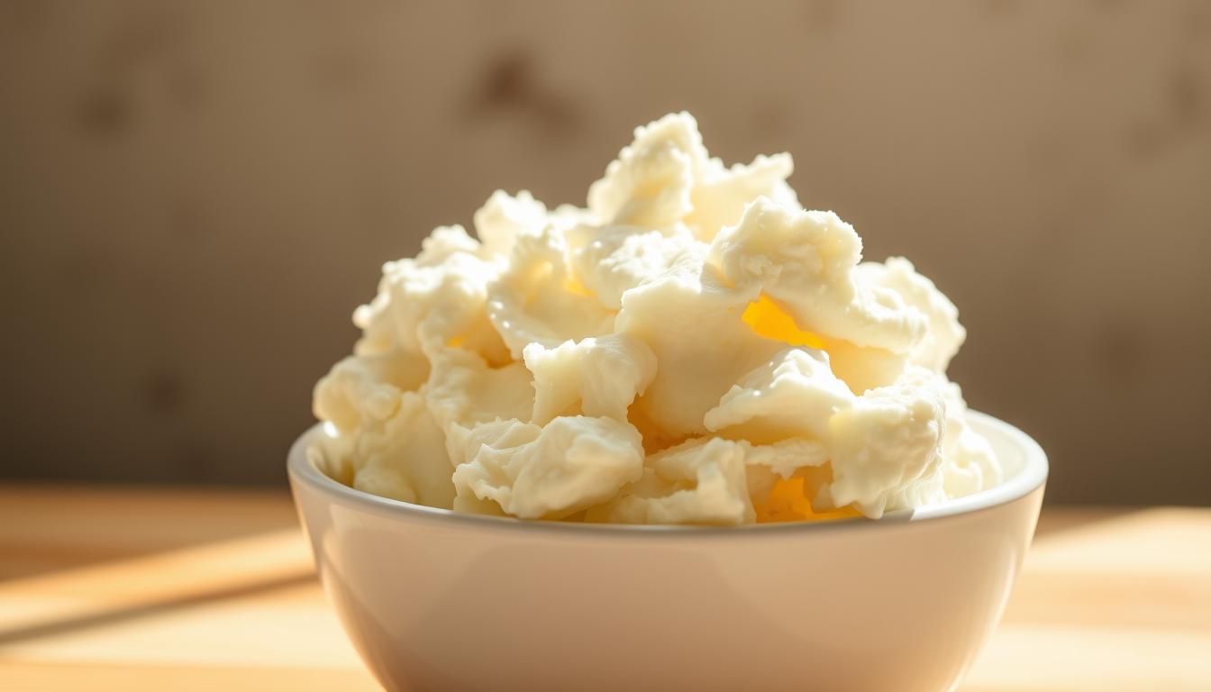 A close-up shot of a bowl of cottage cheese, with a scoop of the creamy, curdy texture prominently displayed. The cottage cheese is freshly prepared, with a light, fluffy appearance and a glistening sheen. The background is softly blurred, placing the focus entirely on the protein-rich dairy product. Soft, natural lighting from the side casts gentle shadows, accentuating the texture and volume of the cottage cheese. The composition is balanced, with the bowl positioned at a slight angle to create visual interest. The overall mood is clean, healthy, and inviting, conveying the versatility of cottage cheese as a nutritious ingredient for muscle-building and fitness.