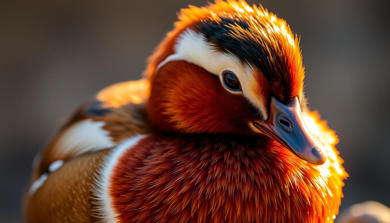 A close-up portrait of a vibrant, color-rich bantam duck, its plumage shimmering with an iridescent sheen under warm, golden lighting. The duck's round, compact body is covered in a mix of soft chestnut, cream, and black feathers, creating a striking contrast. Its small, attentive eyes and alert expression convey the breed's inherent charm and personality. The background is blurred, allowing the duck's intricate details and vivid hues to take center stage, showcasing the unique physical characteristics of this petite waterfowl.