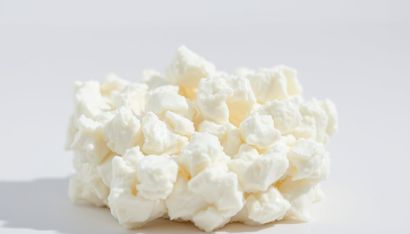 A close-up of a white, creamy cottage cheese with visible curds, illuminated by soft, natural lighting. The curds cast gentle shadows on the surface, creating a tactile, three-dimensional effect. The cottage cheese is set against a plain, minimalist background, allowing the texture and color of the dairy product to be the focal point. The overall mood is clean, simple, and focused on highlighting the caloric and nutritional aspects of the cottage cheese.