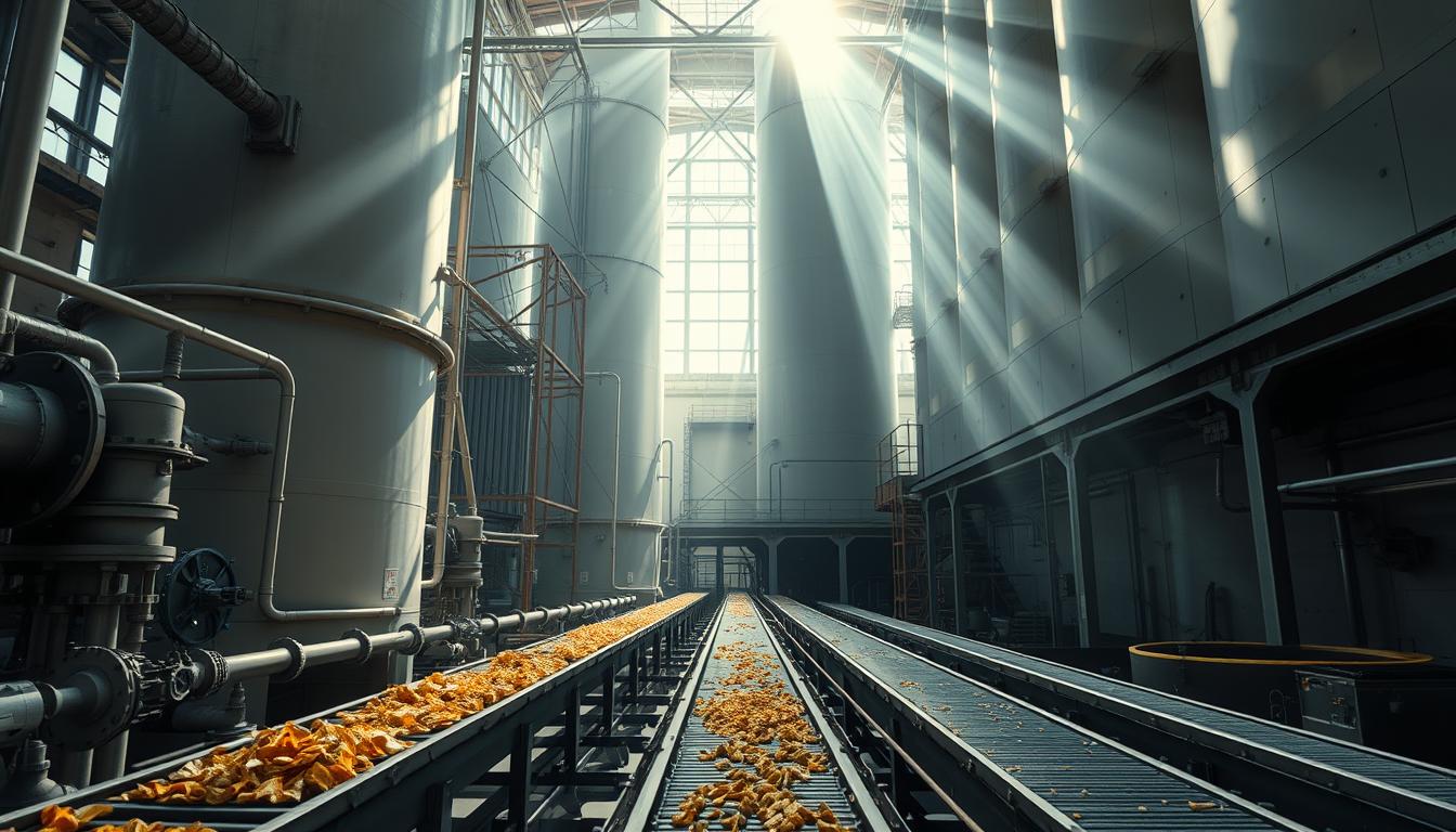 A vast industrial facility, with towering dehydration towers and massive drying chambers. Sunlight streams in through high windows, casting dramatic shadows across the intricate machinery. Gears, valves, and pipes crisscross the scene, hinting at the complex processes at work. In the foreground, a series of conveyor belts transport dehydrated food products, their textures and colors suggesting a range of processed ingredients. The overall atmosphere is one of efficiency and precision, with a subtle sense of the transformative power of industrial-scale dehydration.
