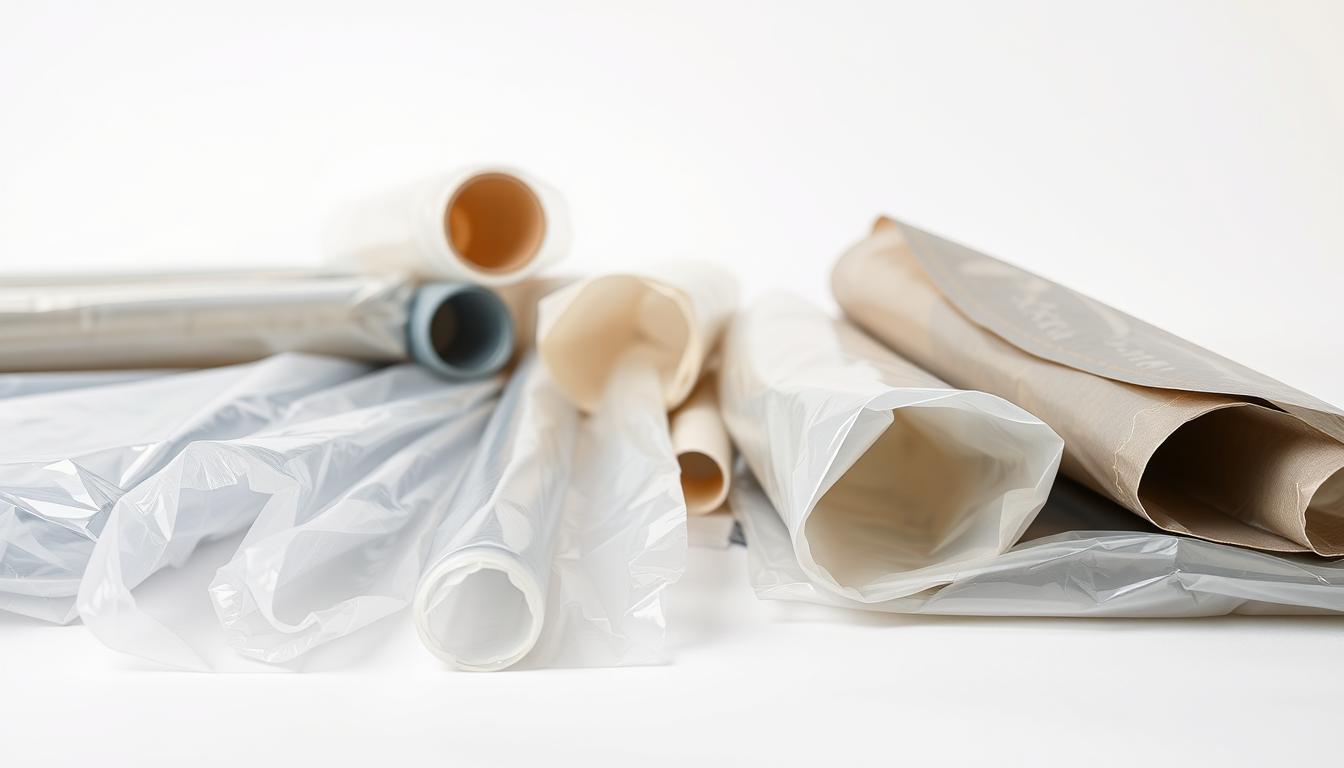 A close-up, high-resolution photograph of flexible food packaging films in a well-lit, clean studio setting. The films are presented in a natural, unfolded state, allowing their texture, translucency, and pliability to be clearly visible. The foreground features several different types of films, ranging from thin, clear plastic to thicker, matte-finished materials, all neatly arranged to showcase their unique properties. The middle ground offers a slightly broader view, capturing the films from multiple angles to highlight their flexibility and various surface finishes. The background is minimalist, with a plain white or light-colored backdrop to keep the focus on the packaging materials. The lighting is soft and diffused, creating a clean, professional aesthetic that enhances the visual details of the films.
