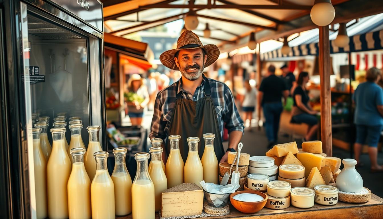 A cozy farmer's market stall in a quaint American town, displaying an array of fresh dairy products. The foreground features a glass-fronted refrigerator filled with various bottles of creamy, golden-hued buffalo milk. Carefully arranged beside the bottles are artisanal cheeses, yogurt, and other buffalo milk-based delicacies. In the middle ground, a friendly-looking farmer, wearing a sun-weathered hat and apron, stands behind the stall, ready to assist customers. The background showcases a lively outdoor market scene, with vibrant produce stands, local craftspeople, and families strolling through the bustling aisles. Warm, natural lighting bathes the entire tableau, creating a welcoming and rustic atmosphere.