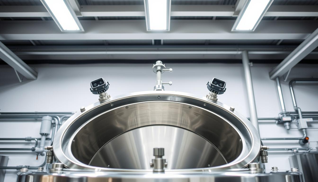 A stainless steel retort vessel under bright, evenly-distributed lighting, showcasing the thermal sterilization process for shelf-stable meals. In the foreground, the vessel's pressurized interior reveals the precise temperature and pressure conditions required for effective sterilization. In the middle ground, pipes and valves regulate the flow of steam, water, and air, enabling the careful control of the process. The background depicts the surrounding industrial environment, with clean, minimalist design elements emphasizing the scientific precision of this critical food safety technique.