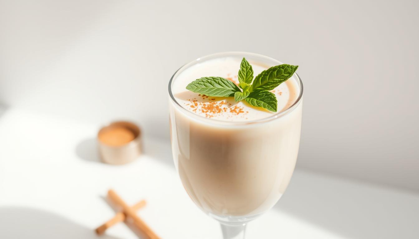 a glass filled with a creamy, pale-colored whole milk smoothie, garnished with a sprig of fresh mint and a dusting of ground cinnamon, set against a plain white backdrop, with soft, diffused natural lighting illuminating the drink from the side, creating a warm, inviting atmosphere, captured at a close, eye-level angle to highlight the smooth, velvety texture and vibrant colors of the smoothie
