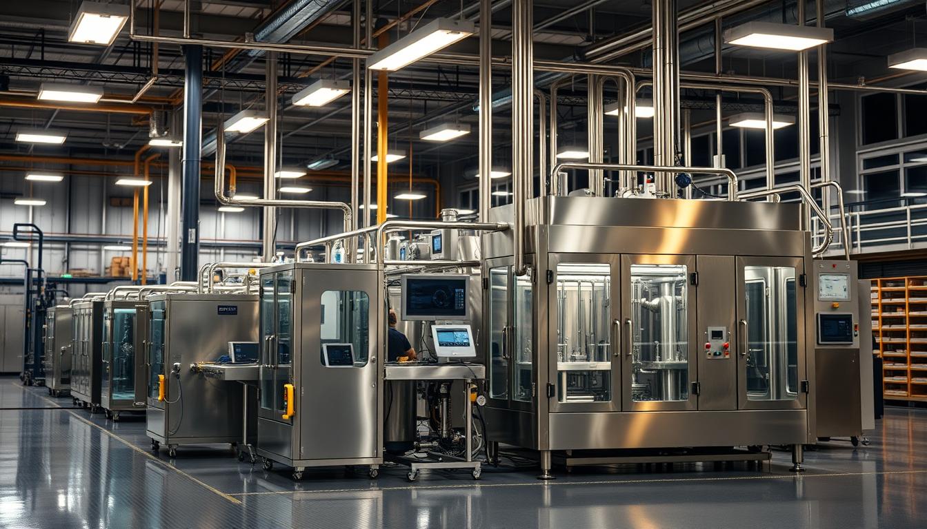 A high-tech factory floor, bathed in the warm glow of industrial lighting. In the foreground, a state-of-the-art HPP machine, its stainless steel exterior gleaming with precision. Surrounding it, a panorama of technological evolution - from early hydraulic systems to sleek, computer-controlled designs. In the background, a timeline of innovation unfolds, charting the steady progress of HPP technology as it transforms the U.S. food industry. The scene conveys a sense of dynamic progress, with each new iteration building upon the innovations of the past, creating a future where safety, efficiency, and quality reign supreme.