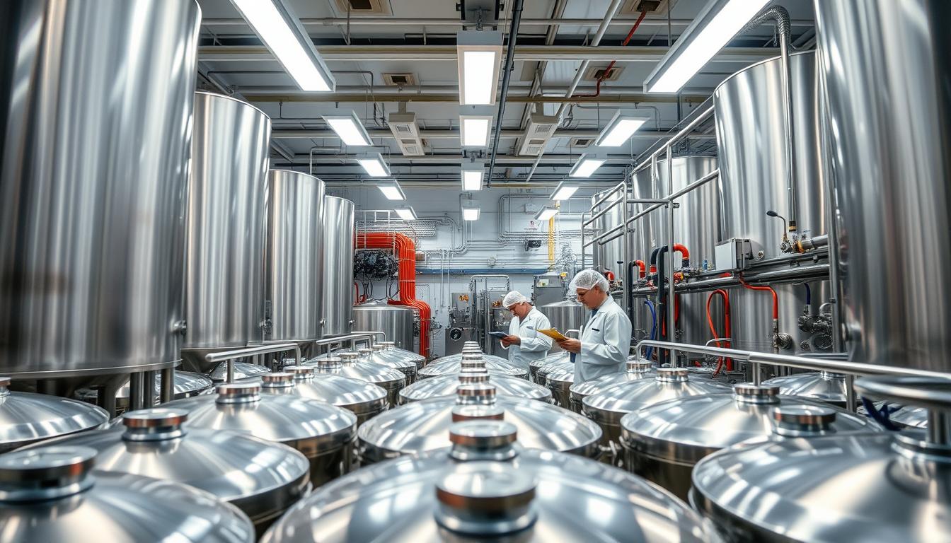 A pristine, well-lit syrup room in a modern beverage manufacturing facility. The foreground shows rows of gleaming stainless steel tanks, their surfaces meticulously cleaned and polished. Overhead, bright LED lights cast an even glow, illuminating the space. In the middle ground, technicians in white lab coats and hairnets perform quality checks, checking gauges and making notes on their clipboards. The background reveals a maze of pipes, valves, and hoses, all neatly organized and color-coded, conveying a sense of order and efficiency. The atmosphere is one of clinical precision, with an emphasis on hygiene and control - reflecting the vital importance of syrup room sanitation in the beverage production process.