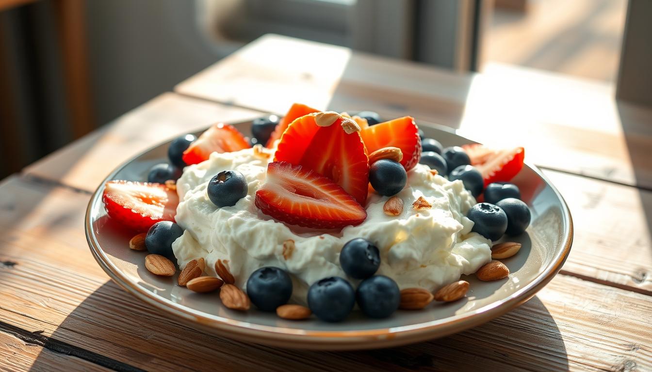 A high-protein breakfast plate featuring a generous serving of cottage cheese. The cottage cheese is creamy and full-fat, garnished with sliced strawberries, blueberries, and a sprinkle of roasted almonds. The plate is set on a rustic wooden table, with natural light filtering in from a nearby window, casting a warm, inviting glow. The composition is balanced, with the cottage cheese as the focal point, surrounded by the vibrant berries and crunchy nuts. The overall mood is one of health, nutrition, and simple pleasures.