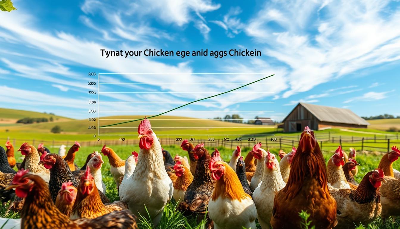 A detailed infographic depicting the relationship between chicken age and egg production. The foreground showcases a flock of diverse breed chickens in a verdant, sun-dappled farmyard setting. The middle ground features a line graph illustrating the typical egg yield curve, with production peaks and troughs marked. The background offers a pastoral landscape of rolling hills, a rustic barn, and a vibrant blue sky with wispy clouds. Crisp, high-resolution photography, with soft, natural lighting that accentuates the textures of the chickens' plumage and the lush, earthy tones of the environment. The overall mood is one of bucolic tranquility, educational insight, and a celebration of the cycles of chicken egg production.