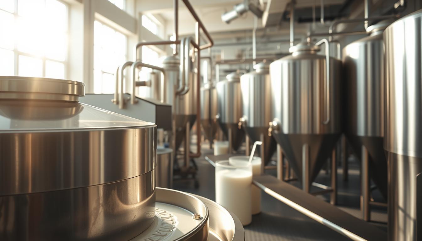 A pristine dairy processing plant, bathed in warm, natural lighting filtering through large windows. In the foreground, a stainless steel separator efficiently divides milk into cream and skim components. In the middle ground, a pasteurizer heats the milk to kill harmful bacteria, maintaining its nutritional value. In the background, a row of gleaming steel storage tanks, their contents chilled to preserve freshness. The atmosphere is one of modern efficiency and attention to quality, showcasing the advanced techniques used to transform raw milk into a variety of dairy products.