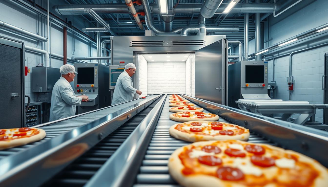 A high-quality, high-resolution image of a commercial frozen pizza freezing line, viewed from the side. The foreground shows a conveyor belt carrying partially baked pizza crusts, with workers carefully placing toppings on each one. The middle ground features a large, industrial-grade blast freezer, its door open to reveal the icy interior. The background showcases the overall production facility, with pipes, ducts, and other equipment visible, creating a sense of scale and technical complexity. The lighting is bright and even, highlighting the intricate details of the machinery and the precise movements of the workers. The overall atmosphere conveys the precision and efficiency of the frozen pizza manufacturing process.