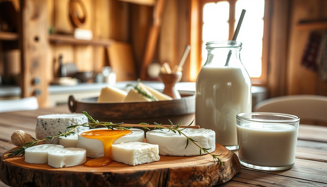 A rustic, handcrafted scene of artisanal buffalo milk products, bathed in warm, natural lighting. In the foreground, a wooden cutting board displays an assortment of fresh cheeses, creams, and yogurts made from rich, golden buffalo milk. Sprigs of fresh herbs and a drizzle of honey add pops of color and texture. In the middle ground, a weathered glass jar filled with silky, smooth buffalo milk stands alongside a small wooden churn. In the background, a simple farmhouse kitchen with rustic wooden beams and a large window, allowing the soft, diffused sunlight to filter in, creating a cozy, inviting atmosphere.