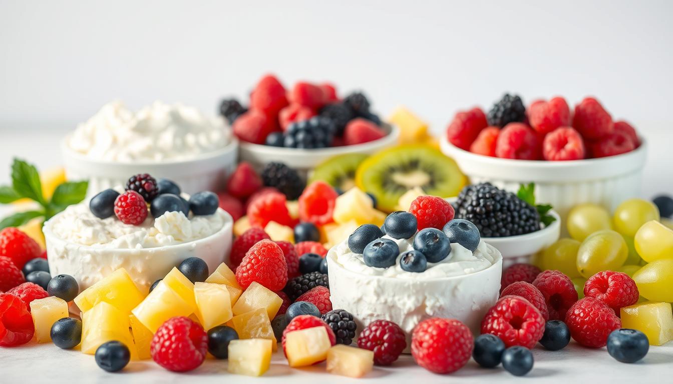 A colorful still life of various cottage cheese and fruit combinations, captured in natural light with a soft, diffused glow. In the foreground, different types of cottage cheese - creamy, full-fat, and low-fat - are arranged with an assortment of fresh berries, such as blueberries, raspberries, and blackberries. In the middle ground, sliced kiwi, diced pineapple, and halved grapes are scattered across the composition, complementing the cottage cheese. The background features a simple, clean backdrop, allowing the vibrant colors and textures of the ingredients to take center stage. The overall mood is one of freshness, healthfulness, and an inviting sense of nourishment.