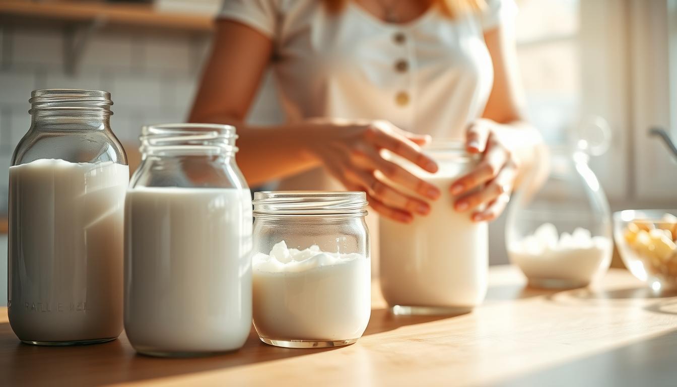 A bright, airy kitchen counter with glass jars and bowls filled with fresh milk, yogurt cultures, and probiotics. In the foreground, a person's hands carefully mixing the ingredients together, the movement captured in a soft, hazy focus. Warm, indirect lighting casts a gentle glow, highlighting the textures and colors of the natural ingredients. The background is blurred, drawing the viewer's attention to the process of making the probiotic-rich acidophilus milk at home, a nurturing and wholesome scene.