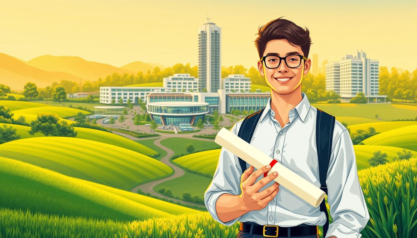 A meticulously detailed illustration showcasing an agricultural engineering degree. In the foreground, a young professional stands proudly, holding a rolled diploma against a backdrop of verdant fields and rolling hills. The middle ground features a state-of-the-art research laboratory, bustling with scientists and engineers conducting experiments. In the background, a towering university campus with modern architecture and lush greenery. Warm, golden lighting illuminates the scene, conveying a sense of academic achievement and environmental harmony. The composition is balanced and visually striking, capturing the essence of an educational pathway in agricultural engineering.
