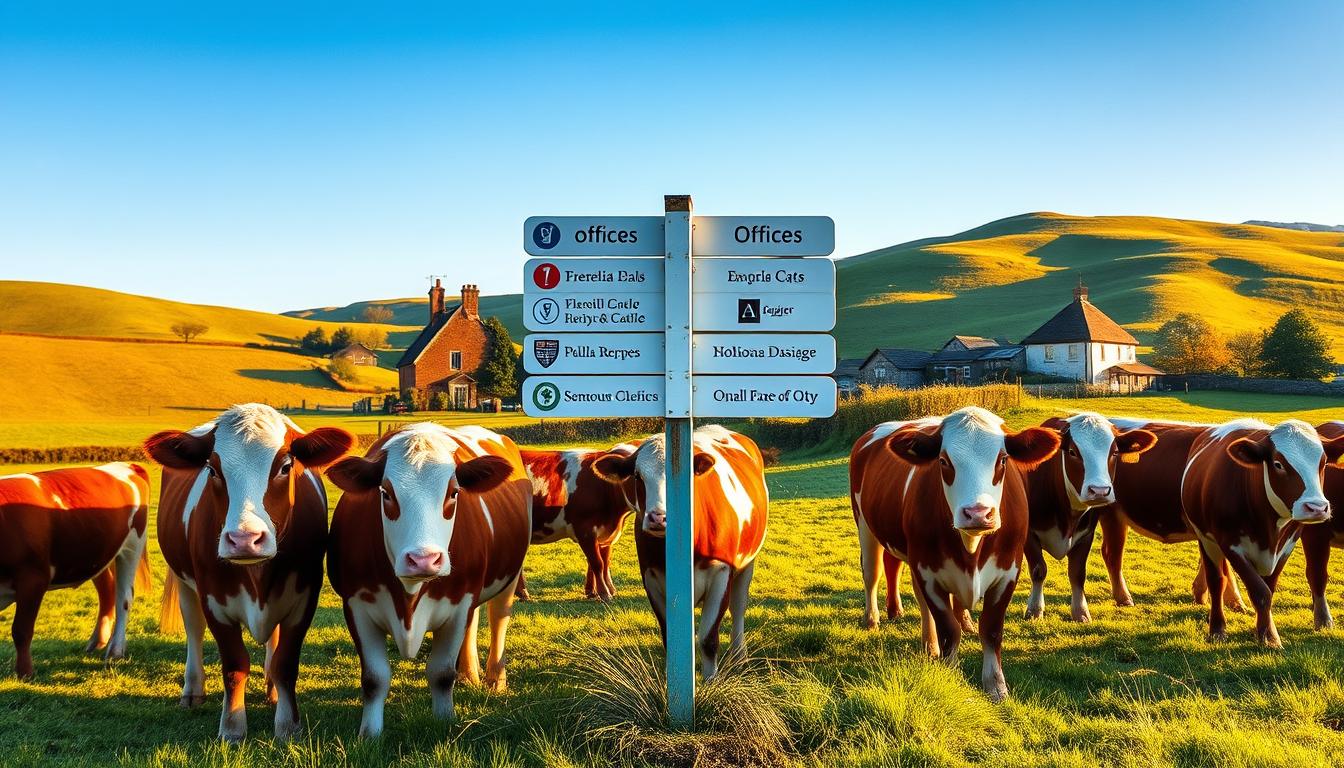 A pristine countryside landscape, with rolling green hills and a picturesque farmhouse in the distance. In the foreground, a group of Ayrshire cattle, their distinctive red and white coats gleaming in the warm, golden sunlight. In the middle ground, a signpost pointing to the offices of prominent Ayrshire cattle breed organizations, their logos and names clearly visible. The scene is captured through a wide-angle lens, creating a sense of depth and grandeur, inviting the viewer to immerse themselves in the world of Ayrshire cattle and their dedicated communities.
