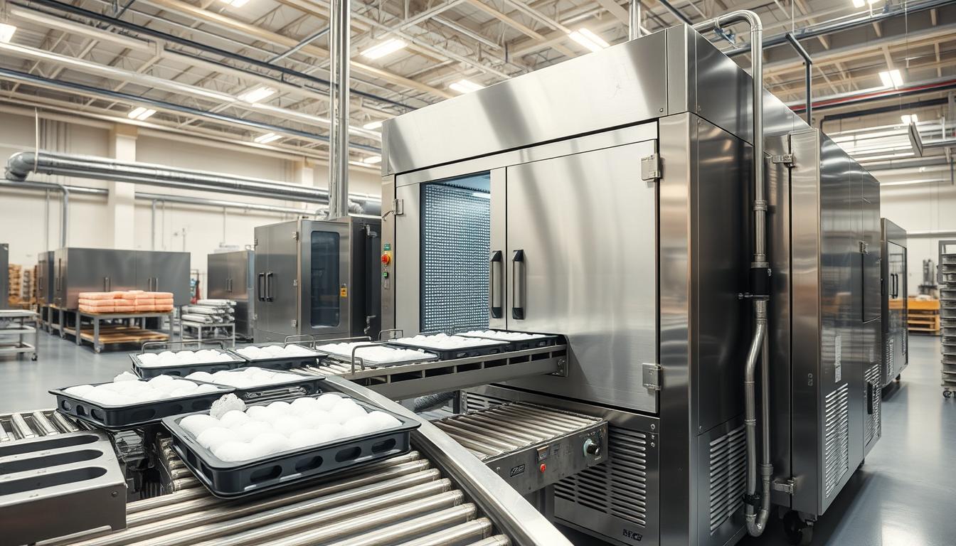 A modern industrial-grade IQF (Individually Quick Frozen) freezing system, captured in a high-resolution, wide-angle photographic style. In the foreground, a conveyor belt transports trays of freshly frozen produce into the main freezing chamber, its intricate metalwork and control panels visible. In the middle ground, the large, insulated freezer unit dominates the frame, its stainless steel exterior gleaming under bright, evenly-distributed lighting. In the background, a clean, organized production facility with high ceilings and ample workspace provides context. The overall atmosphere conveys efficiency, precision, and the high-tech nature of the IQF freezing process for preparing premium quality frozen foods.