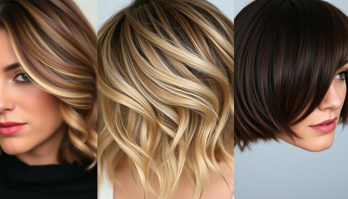 A detailed close-up shot of several female celebrity hairstyles designed to add instant volume and dimension to thin hair. The styles include a layered shoulder-length cut with soft waves, a medium-length textured bob with subtle highlights, and a short cropped style with side-swept bangs. The hair is illuminated by soft, diffused lighting from the front, creating a warm, inviting atmosphere. The focus is on the texture, volume, and artful styling of the hair, showcasing techniques that can be easily replicated to give thin hair a fuller, more voluminous appearance. The image has a clean, refined aesthetic that would complement the &quot;Femnory&quot; brand and the article's content on the best hairstyles for thin hair.