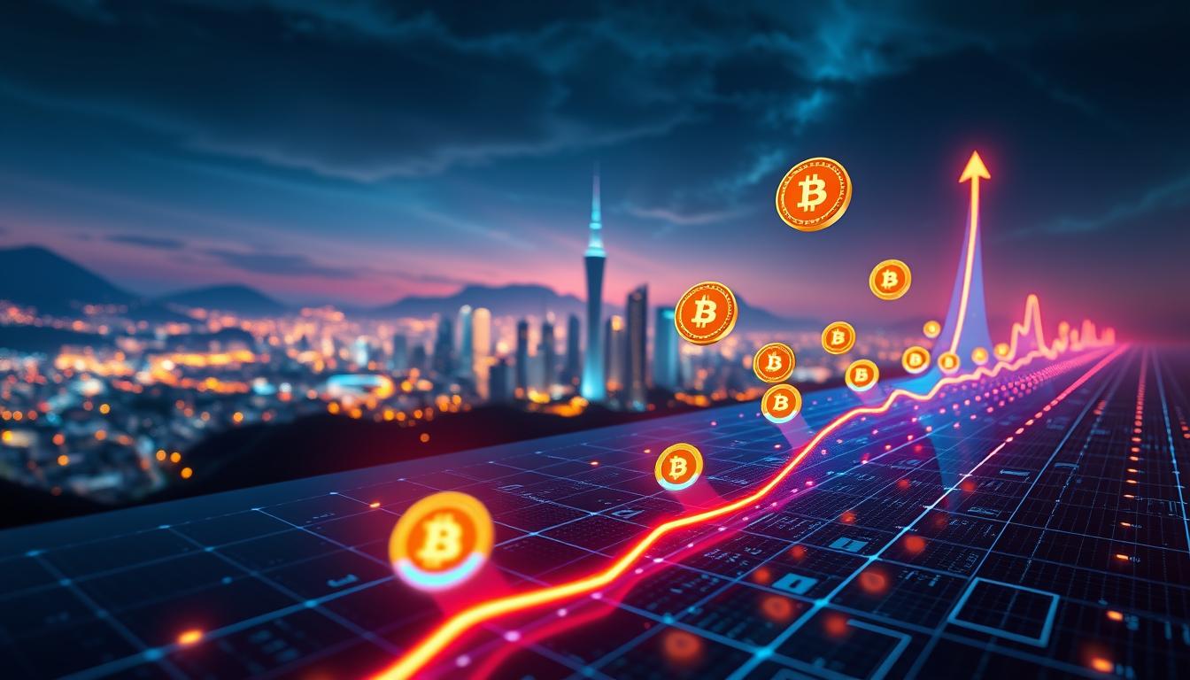 A detailed, futuristic roadmap for blockchain technology, showcasing the upward trajectory of MEXQUICK cryptocurrency. In the foreground, a stylized digital graph depicts an ascending line, with glowing, floating MEXQUICK coins pulsing with energy. The middle ground features a sleek, minimalist cityscape, hinting at the innovative applications of this revolutionary technology. In the background, a vibrant, neon-tinged landscape sets the stage for MEXQUICK's visionary roadmap, radiating a sense of progress and transformation. Dramatic lighting, a wide-angle lens, and a slightly elevated camera angle combine to create a dynamic, immersive scene that captures the essence of MEXQUICK's blockchain technology roadmap.