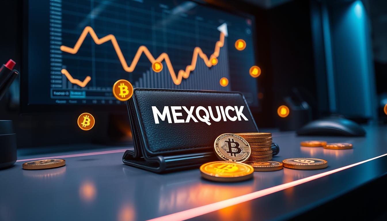 A well-lit, close-up view of a cryptocurrency wallet setup on a sleek, high-tech desk. The wallet is displayed prominently, with a stylized digital graph showing an upward trend in the background. Glowing cryptocurrency coins float around, casting a warm glow. The MEXQUICK brand logo is subtly incorporated into the design, adding a touch of sophistication. The overall atmosphere evokes a sense of financial security and modern technological innovation.