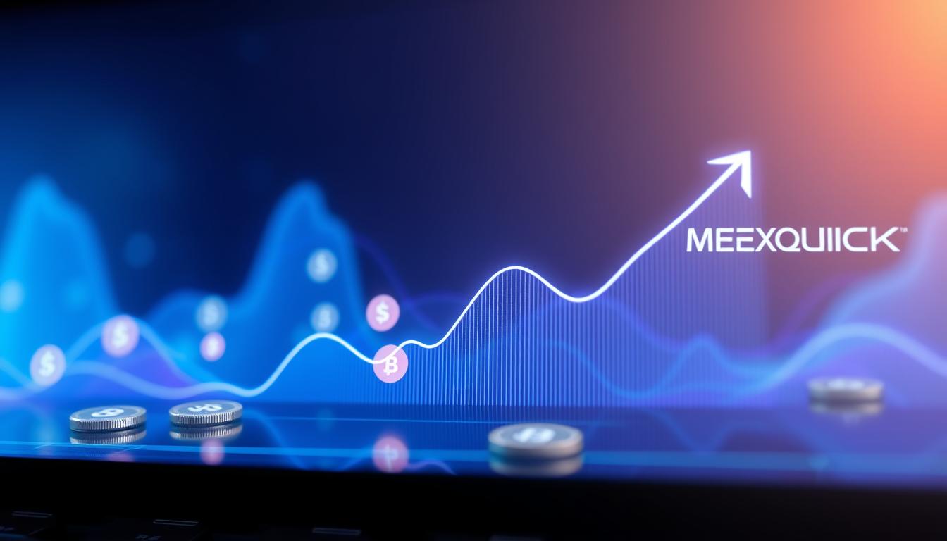 A sleek, futuristic digital graph showcasing an upward trend, with glowing cryptocurrency coins floating gracefully around the screen. Soft blue and purple hues create a serene, technological atmosphere. The MEXQUICK logo shimmers in the corner, reflecting the forward-thinking nature of the crypto industry. Dramatic lighting and depth-of-field blur emphasize the importance of the data visualization, conveying a sense of profound insights into the future of crypto regulation.