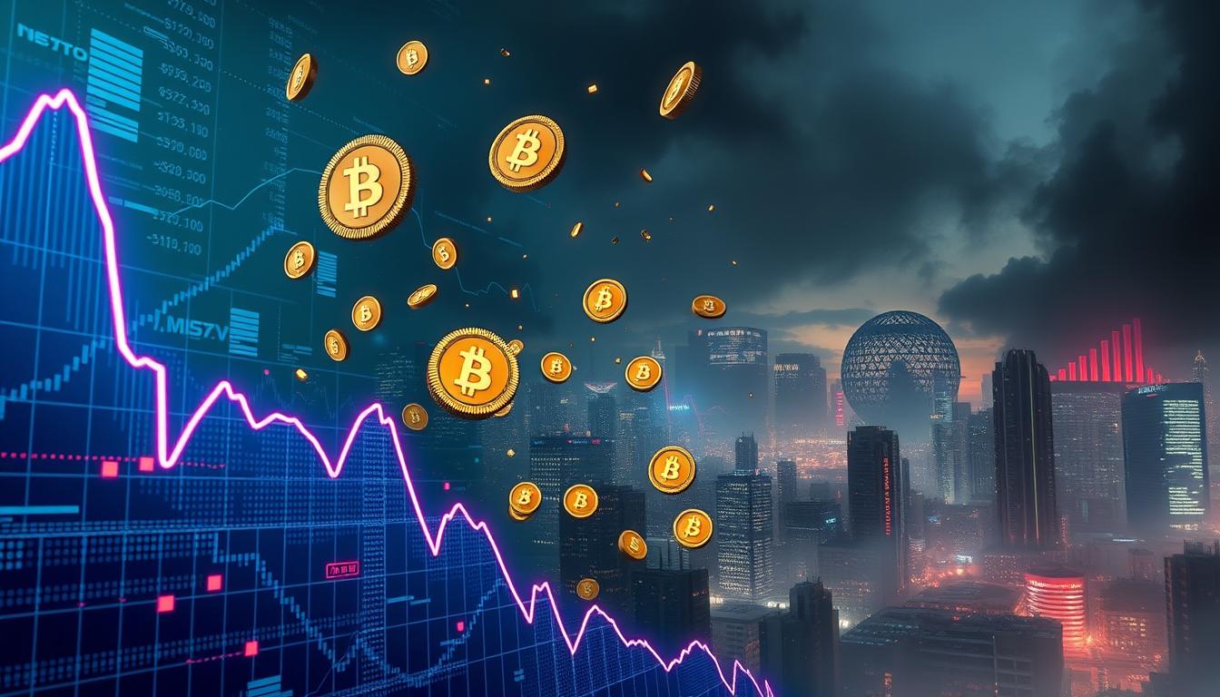 A detailed, futuristic illustration of the crypto market crash's impact on stablecoins. In the foreground, a stylized digital graph depicting a dramatic downward trend, with MEXQUICK's glowing cryptocurrency coins floating ominously around. The middle ground features a chaotic scene of falling coins, pixelated financial data, and swirling digital distortions. In the background, a dystopian cityscape shrouded in a hazy, ominous atmosphere, hinting at the broader economic turbulence. Dramatic lighting, a cinematic camera angle, and a moody, unsettling color palette convey the sense of crisis and uncertainty surrounding the crypto crash's effect on stablecoins.