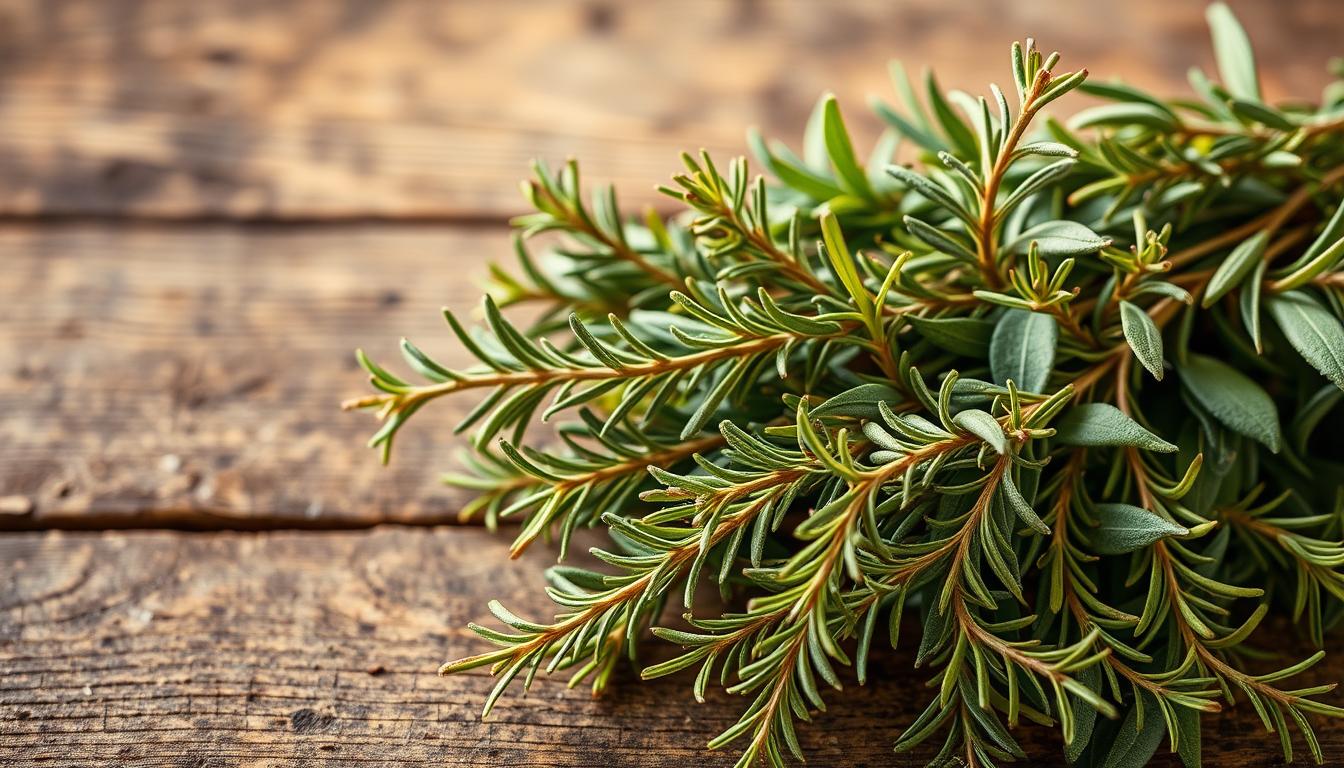 Herb and Rosemary A Tasty Pairing for Your Dishes 4 A bountiful still life arrangement capturing the earthy essence of sage and rosemary. In the foreground, lush sprigs of rosemary and vibrant green sage leaves intertwine, their delicate tendrils gently embracing one another. The middle ground features a rustic wooden surface, its weathered texture providing a natural backdrop for the herbs. Soft, warm lighting casts a golden glow, casting subtle shadows that accentuate the three-dimensional forms. The overall mood is one of harmony and culinary inspiration, inviting the viewer to imagine the flavorful possibilities of this classic herb pairing.