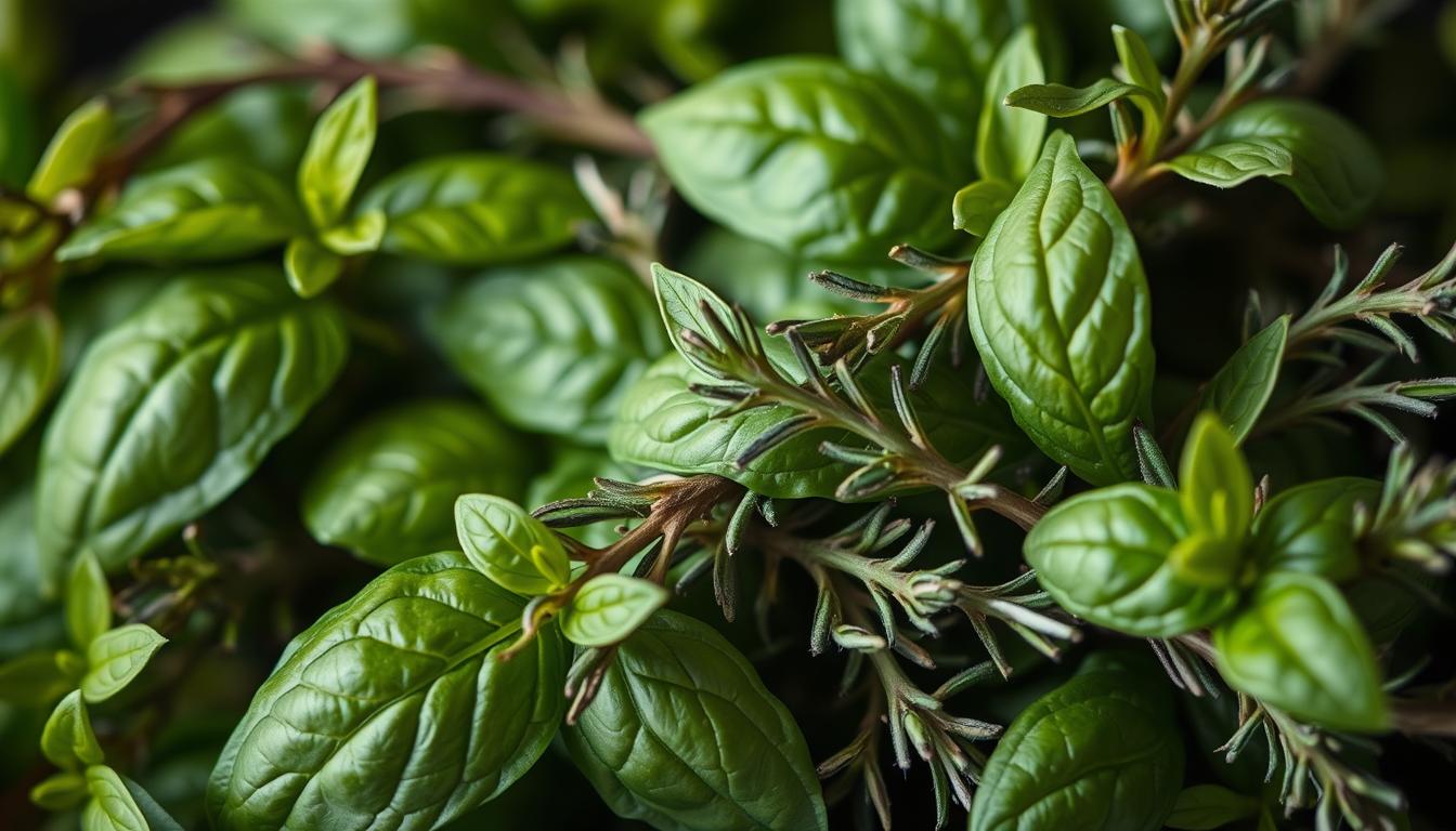 Herb and Rosemary A Tasty Pairing for Your Dishes 5 A close-up shot of fresh, vibrant basil leaves intertwined with delicate sprigs of fragrant rosemary. The herbs are arranged in a natural, organic manner, with the basil's emerald green hues contrasting beautifully against the rosemary's deeper, more muted tones. The lighting is soft and diffused, creating a warm, inviting atmosphere that accentuates the herbs' natural textures and highlights the subtle variations in their shades. The depth of field is shallow, allowing the foreground elements to stand out in sharp focus while the background is subtly blurred, drawing the viewer's attention to the harmonious pairing of these two versatile culinary herbs.