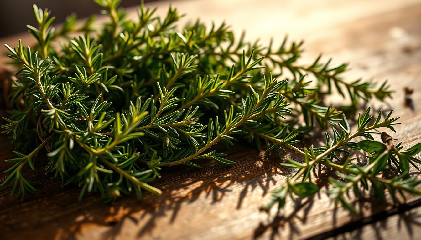 Herb and Rosemary A Tasty Pairing for Your Dishes 6 A beautifully lit close-up shot of a wooden table with sprigs of fresh rosemary, marjoram, and other complementary herbs artfully arranged. The herbs are bathed in warm, soft lighting, casting gentle shadows and highlighting their vibrant green hues. The composition is balanced and visually appealing, with the herbs taking center stage against a subtly blurred, neutral background. The overall mood is one of culinary sophistication and natural simplicity, perfectly capturing the essence of the "Marjoram and Rosemary: The Subtle Enhancement" section of the article.