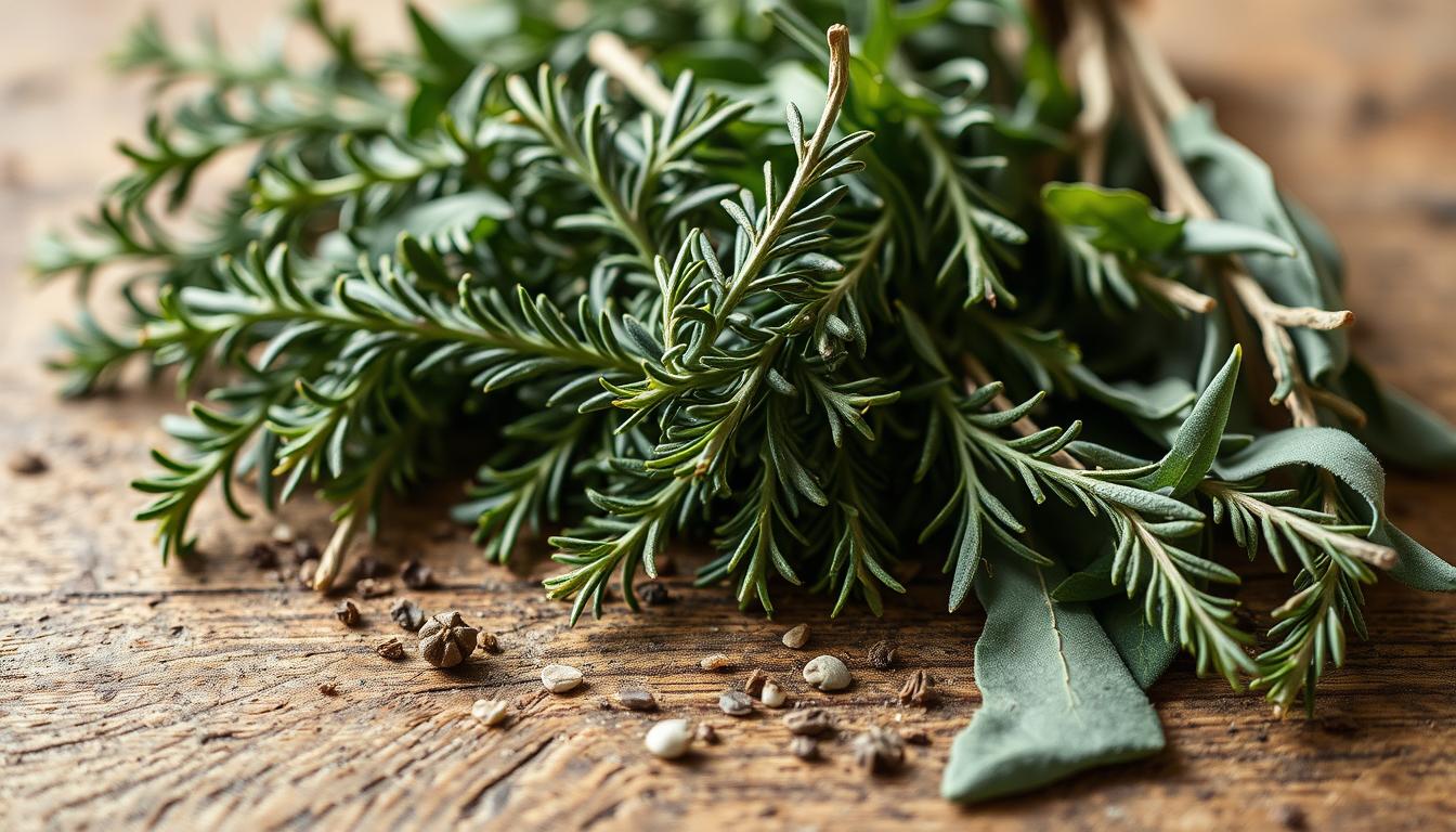 Herb and Rosemary A Tasty Pairing for Your Dishes 3 A beautifully lit, high-resolution photograph of an artfully arranged assortment of fresh herbs and spices, including sprigs of rosemary, oregano, thyme, and sage, resting on a rustic wooden table. The herbs are captured in a soft, natural light, emphasizing their vibrant colors and delicate textures. The composition is balanced, with the rosemary taking a central role, surrounded by the complementary herbs. The overall scene conveys a sense of culinary inspiration and the harmonious blend of flavors that can be achieved by pairing rosemary with these complementary herbs.
