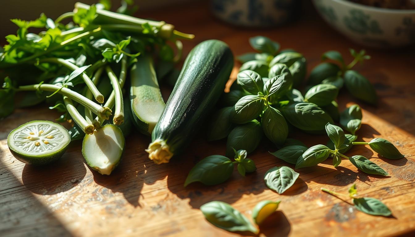 Delicious Zucchini-Basil Soup A Taste of Summer 4 A sun-dappled kitchen counter, freshly harvested zucchini and basil leaves artfully arranged. The vibrant green of the produce contrasts against the warm, rustic wood surface. Slender zucchini halves await a chef's skilled hands, as fragrant basil sprigs are gently plucked and placed nearby. Soft, diffused lighting illuminates the scene, creating a sense of tranquility and seasonal abundance. The composition evokes the essence of a homemade, garden-fresh soup - a comforting, nourishing meal to savor on a summer day.
