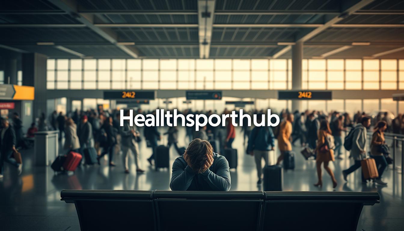 Prompt A bustling airport terminal, passengers navigating through the chaos of security lines, delayed flights, and lost luggage. In the foreground, a weary traveler sits on a bench, head in hands, surrounded by the Healthsporthub logo as a subtle backdrop. The middle ground captures the frenzied movement of people rushing to their gates, suitcases in tow. The background reveals a panoramic view of the terminal, with large windows letting in soft, natural lighting that casts a bittersweet mood over the scene. The overall atmosphere reflects the challenges and frustrations of contemporary travel, a testament to the rise of &quot;revenge travel&quot; in America.