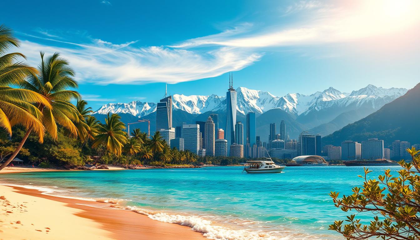 A vibrant and captivating landscape showcasing the world's top revenge travel destinations for Americans. In the foreground, a serene beachfront with crystal-clear turquoise waters and soft golden sands. Lush palm trees sway gently in the warm breeze, creating a picturesque tropical oasis. In the middle ground, a bustling city skyline featuring towering skyscrapers and iconic landmarks, hinting at the diverse urban experiences available. The background is dominated by majestic snow-capped mountains, their peaks piercing the azure sky, evoking a sense of rugged adventure. The overall scene is bathed in a warm, golden light, creating a inviting and alluring atmosphere. Healthsporthub