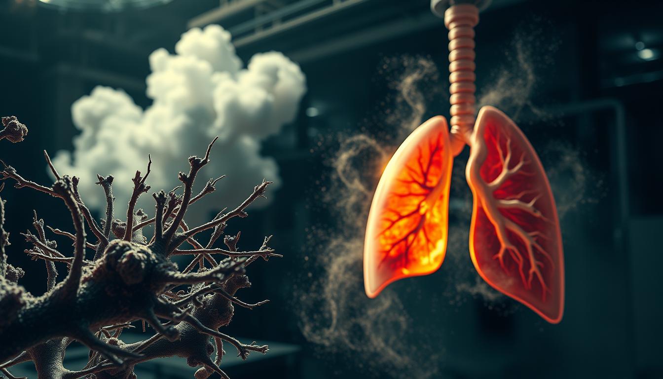 A detailed illustration of the risks of asbestos exposure. In the foreground, a high-resolution microscopic view of asbestos fibers, their sharp edges and pointed tips conveying the danger they pose to human health. In the middle ground, the cross-section of a human lung, the asbestos fibers penetrating the delicate alveoli and causing inflammation and scarring. In the background, a dimly lit industrial setting, with a cloud of asbestos dust swirling ominously, a tangible representation of the ubiquitous and insidious nature of this hazardous material. Dramatic, high-contrast lighting casts stark shadows, heightening the sense of peril. The overall mood is one of foreboding, emphasizing the grave consequences of asbestos exposure.