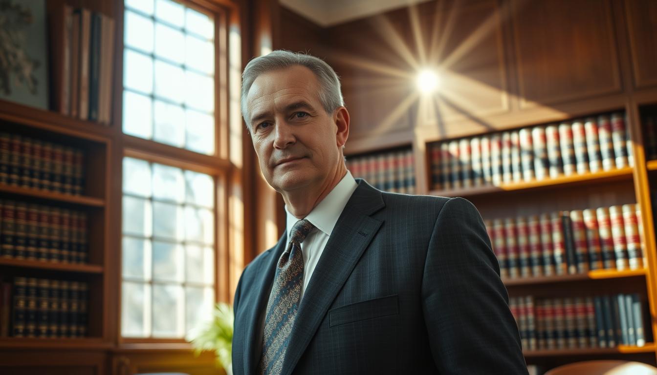 A distinguished-looking middle-aged professional stands in a well-appointed law office, wearing a crisp suit and tie. Sunlight streams in through large windows, casting a warm glow on the wood-paneled walls and shelves lined with law books. The attorney's expression is one of focused determination, conveying expertise and a steadfast commitment to protecting the rights and health of those affected by asbestos exposure. The scene exudes an atmosphere of authority, empathy, and a resolute pursuit of justice.