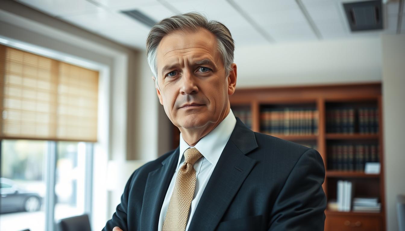 A middle-aged, well-dressed man standing confidently in a law office, with a serious expression on his face. He is wearing a dark suit, a crisp white shirt, and a neutral-colored tie. The office is well-lit, with large windows allowing natural light to filter in. The man is positioned in the foreground, with a bookshelf and desk visible in the background, conveying a sense of professionalism and expertise. The overall atmosphere is one of authority and competence, reflecting the specialized skills and knowledge of an experienced asbestos attorney.