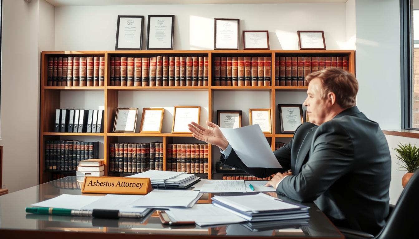 A bright and airy law office interior, sunlight streaming through large windows. In the foreground, a professional-looking man in a suit sits at a desk, gesturing emphatically as he explains documents to a client sitting across from him. On the desk, a nameplate reads "Asbestos Attorney" and various legal documents and folders are neatly arranged. In the background, shelves filled with law books and framed diplomas line the walls, conveying expertise and authority. The mood is one of trust, confidence, and a sense of the complex legal process unfolding.