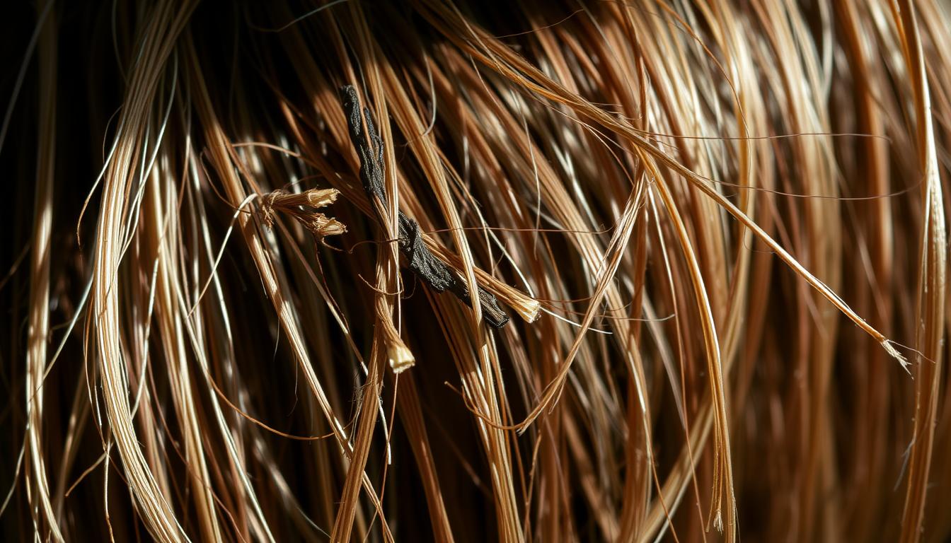 A close-up view of damaged and unhealthy hair strands, showcasing the various signs of hair deterioration. The hair appears brittle, dry, and discolored, with split ends and uneven texture. Subtle lighting from the side creates shadows that accentuate the damaged cuticles and frayed fibers. The image has a muted, earthy color palette, conveying a sense of distress and the need for hair restoration. The focus is on the intricate details of the damaged hair, allowing the viewer to understand the underlying issues and the importance of addressing them.